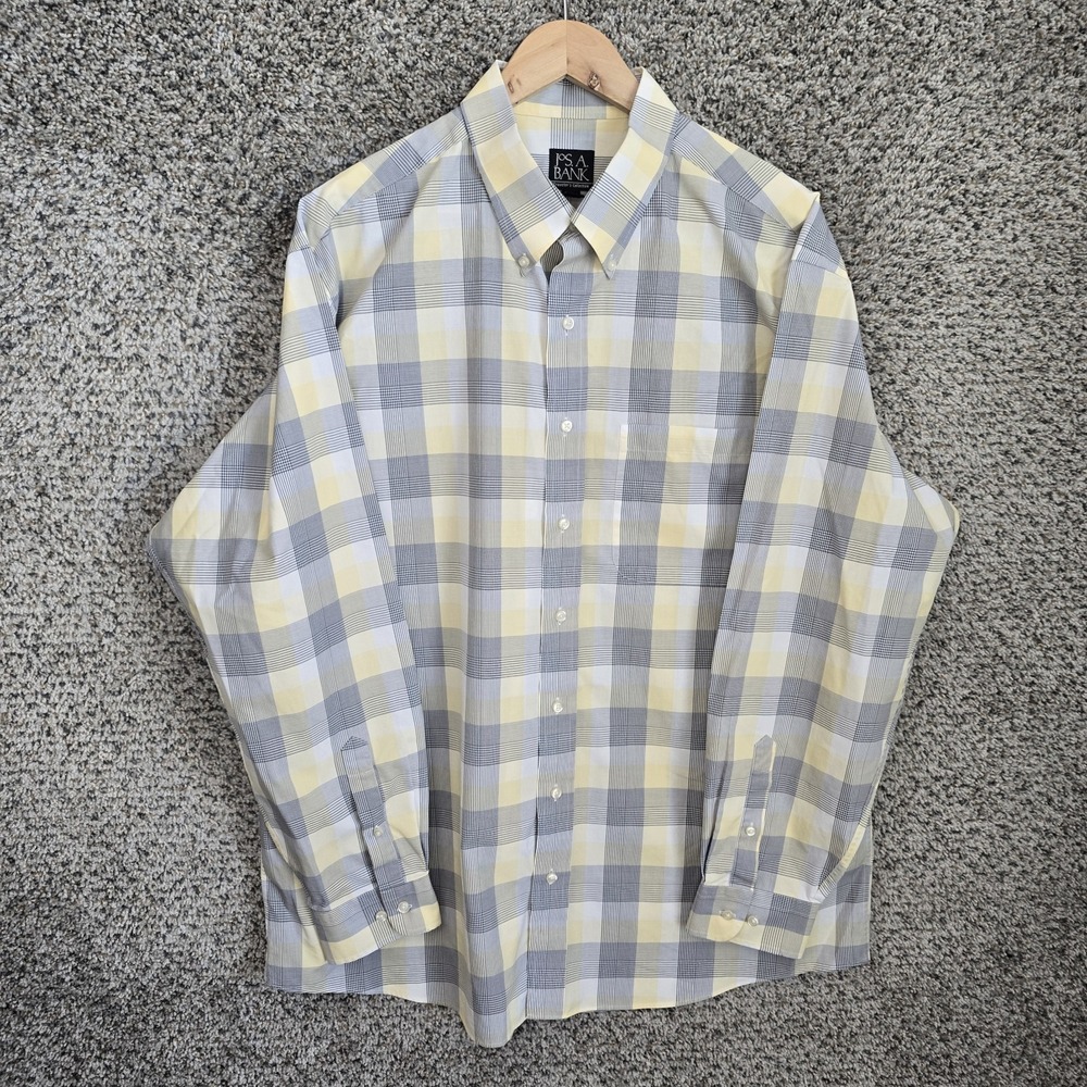 Jos A Bank Dress Shirt Mens XL Yellow Button Down‎ Plaid Traveler Cotton Pocket
